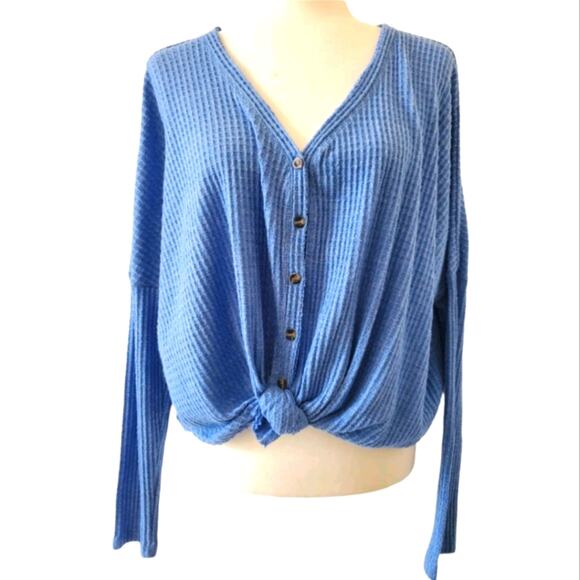 Out From Under Urban Outfitters Blue Tie Front V-Neck Long Sleeve Thermal Shirt - Picture 2 of 5